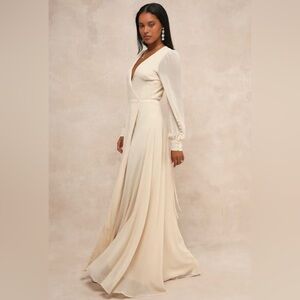 XS Cream Long Sleeve Wrap Maxi Dress